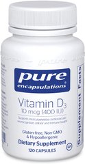 Витамин D3, Vitamin D3, Pure Encapsulations, 400 МЕ, 120 капсул