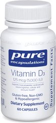 Витамин D3, Vitamin D3, Pure Encapsulations, 5,000 МЕ, 60 капсул