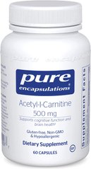 Ацетил-L-Карнитин, Acetyl-l-Carnitine, Pure Encapsulations, 500 мг, 60 капсул