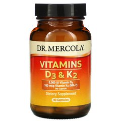 Витамины Д3 и К2, Vitamins D3 & K2, Dr. Mercola, 5,000 МЕ, 90 капсул