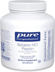 Бетаина Гидрохлорид + Пепсин, Betaine HCL/Pepsin, Pure Encapsulations, для пищеварительного тракта, 250 капсул